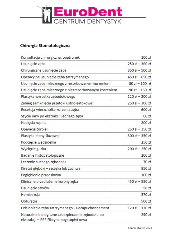 Cennik - Eurodent - Centrum Dentystyki Kraków